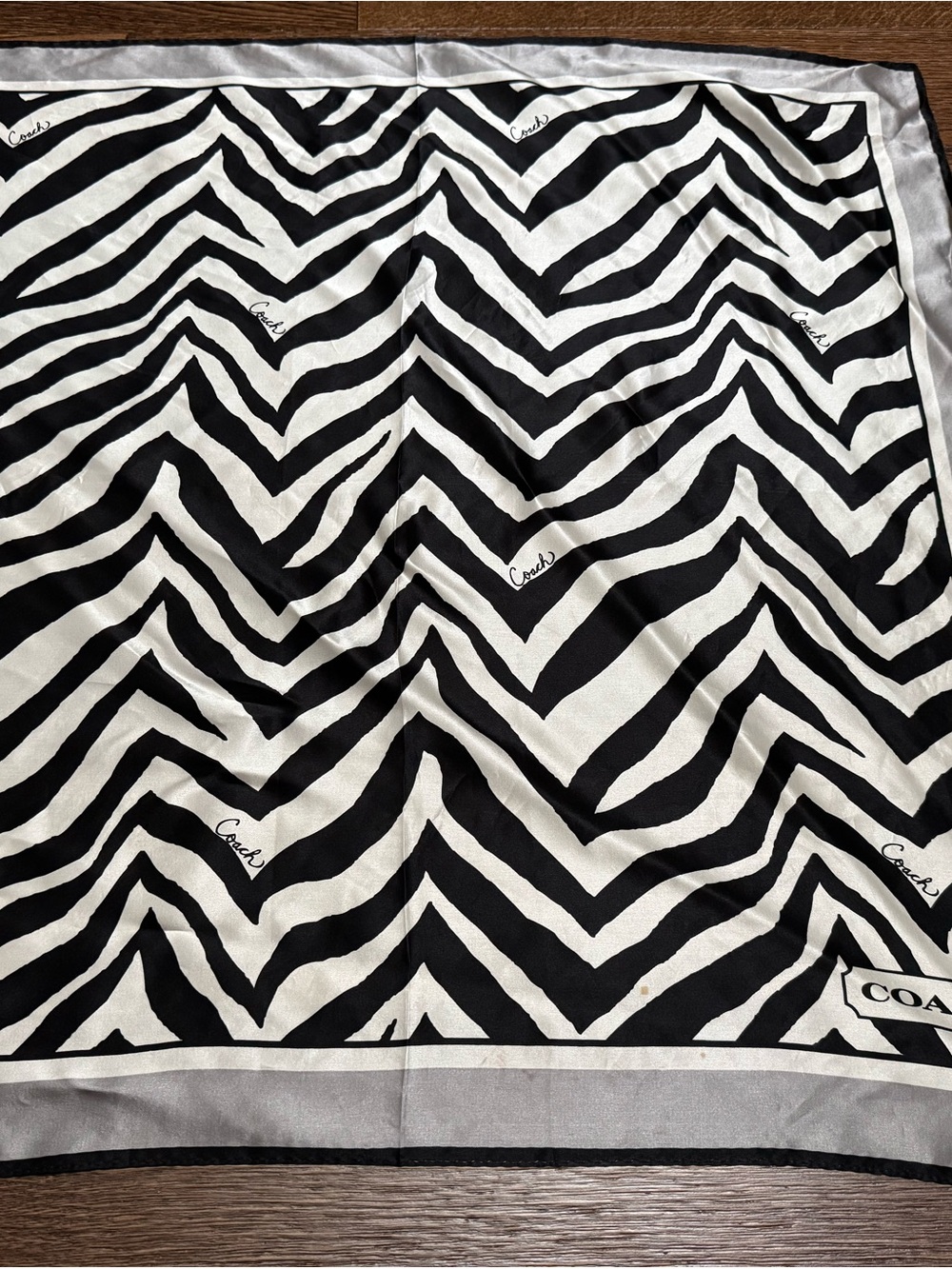 Coach Black and White Zebra Silk Scarf with Logo